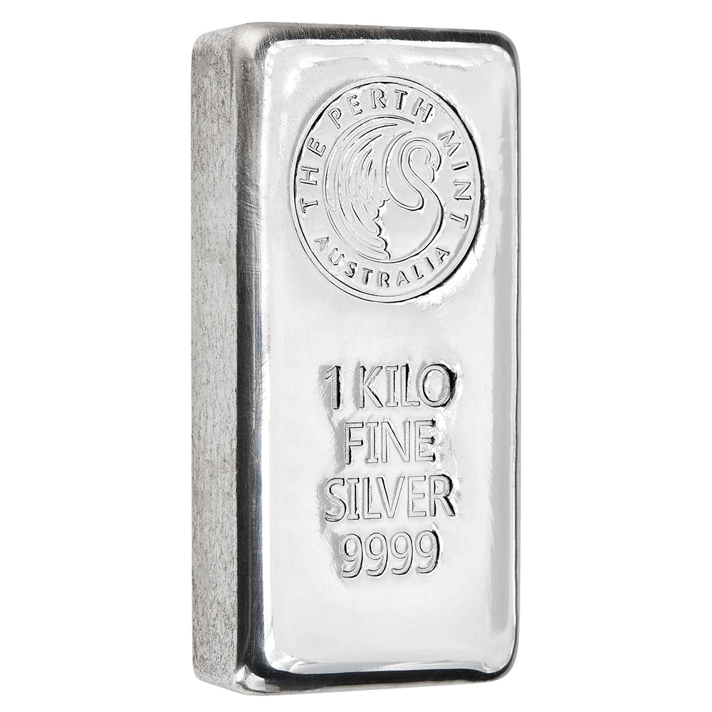 Perth Mint 1 kilo Silver Bar featuring the Perth Mint’s iconic swan logo, along with the weight and purity