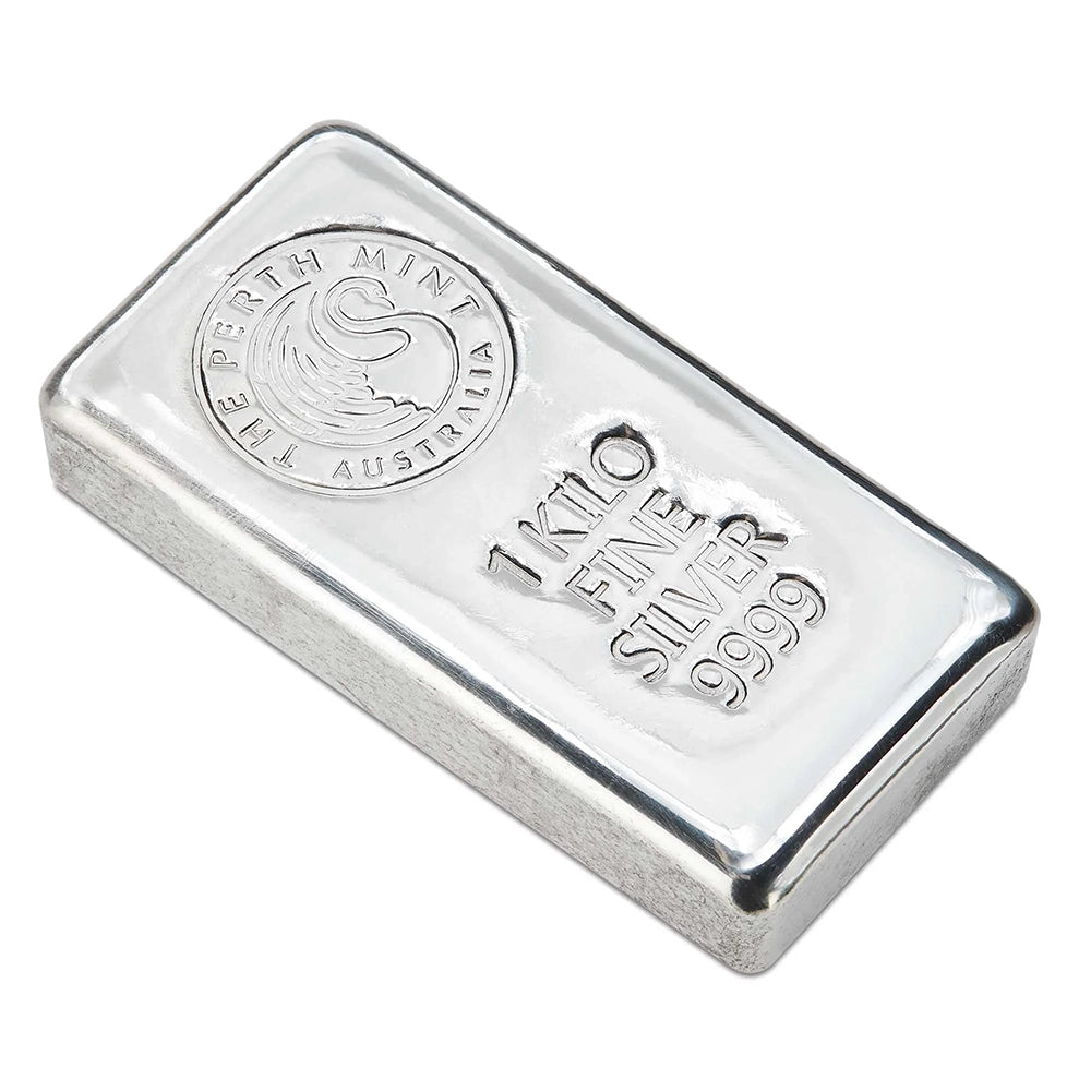 Perth Mint 1 kilo Silver Bar featuring the Perth Mint’s iconic swan logo, along with the weight and purity