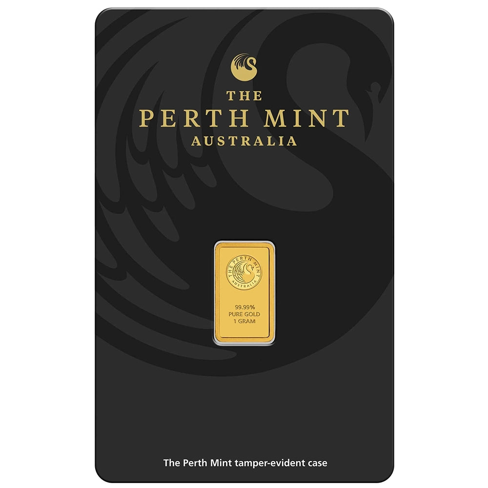 Perth Mint Kangaroo 1 gram Gold Bar (In Assay) obverse featuring the Perth Mint's swan logo