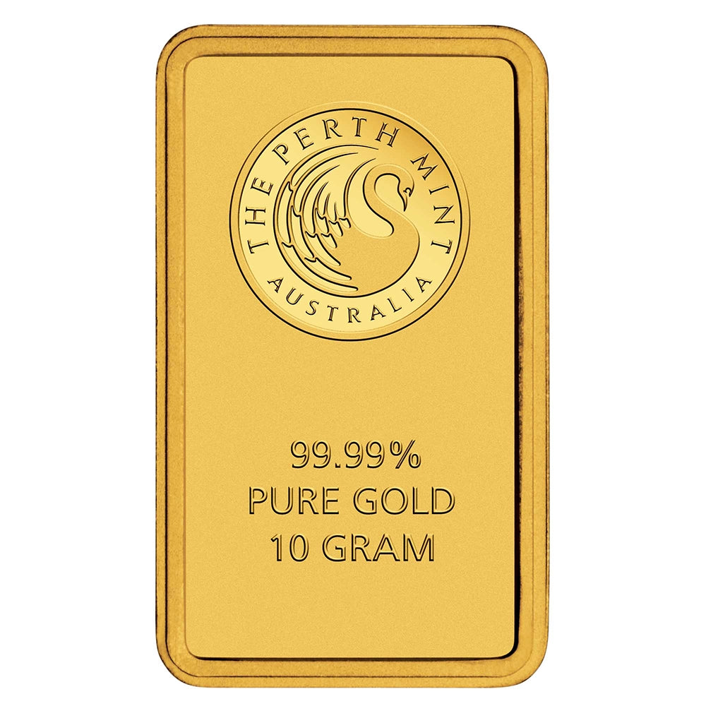 Perth Mint Kangaroo 10 gram Gold Bar obverse featuring the Perth Mint's swan logo