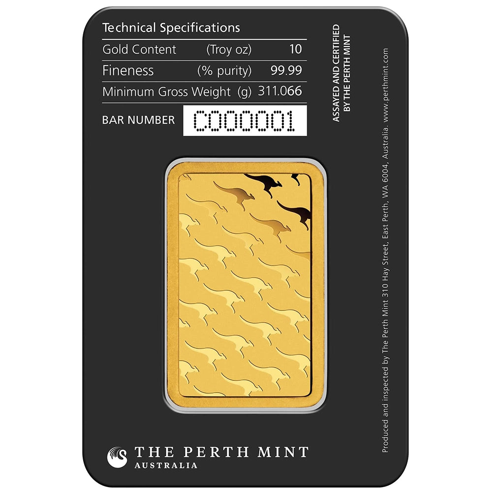 Perth Mint Kangaroo 10 oz Gold Bar (In Assay) reverse showcasing the iconic kangaroo design