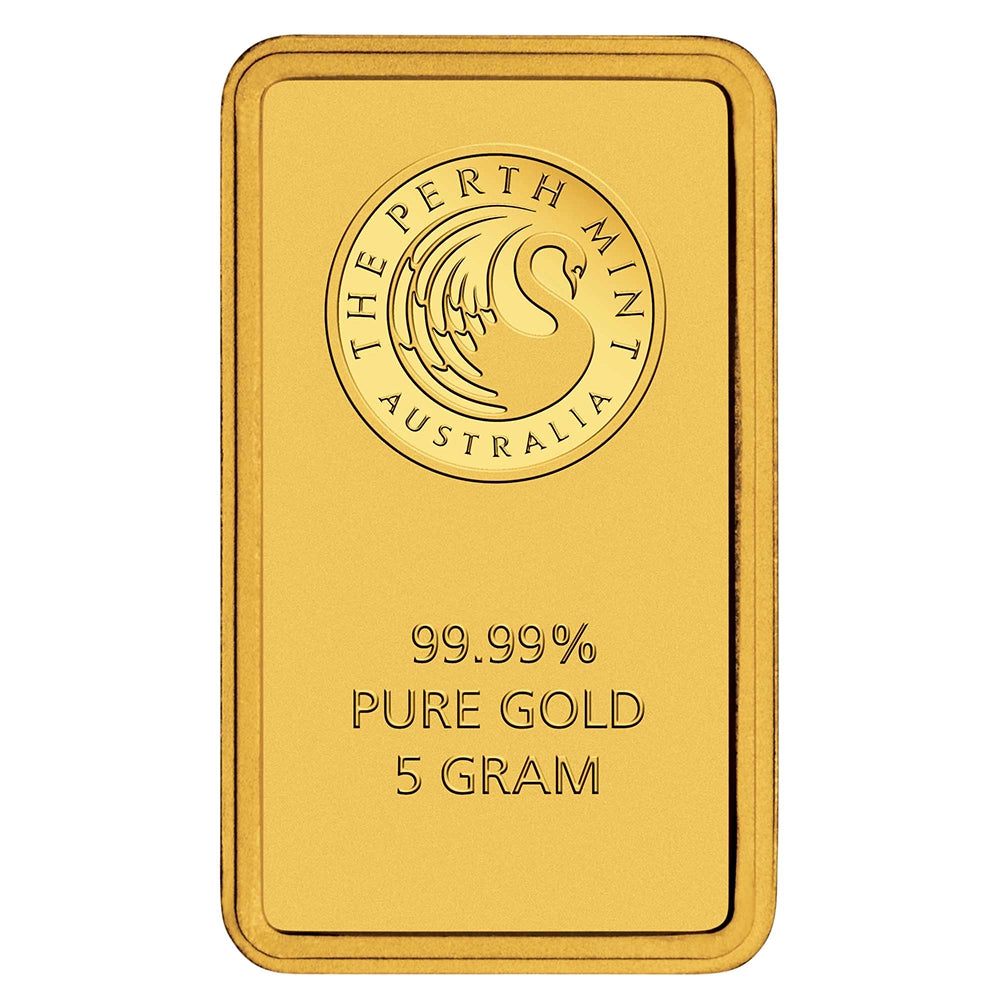 Perth Mint Kangaroo 5 gram Gold Bar obverse featuring the Perth Mint's swan logo