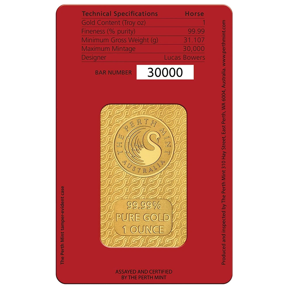 Perth Mint Lunar Horse 1 oz Gold Bar (In Assay) obverse is stamped with The Perth Mint’s LBMA registered swan mark