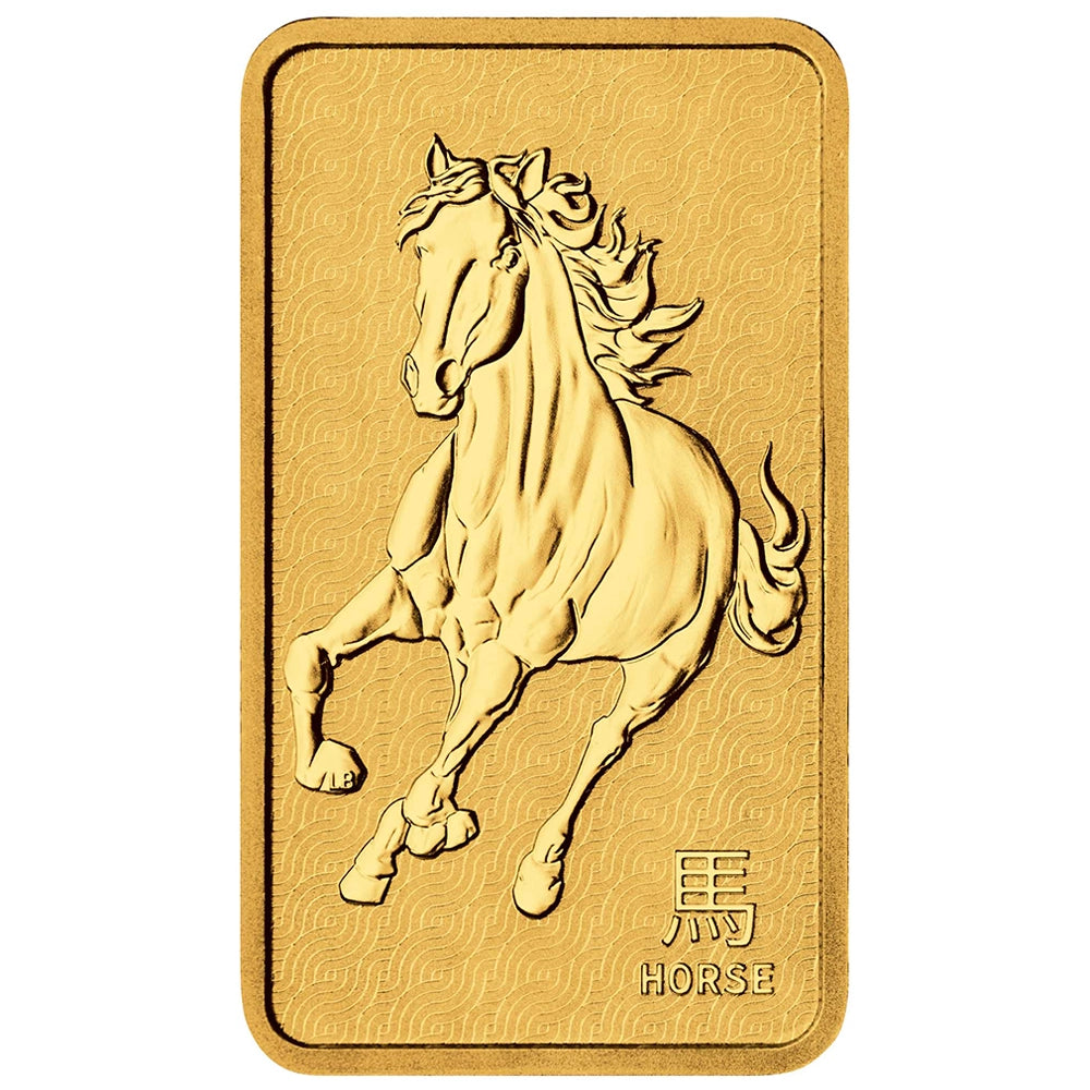Perth Mint Lunar Horse 1 oz Gold Bar reverse showcases a galloping lunar horse set against a detailed patterned background
