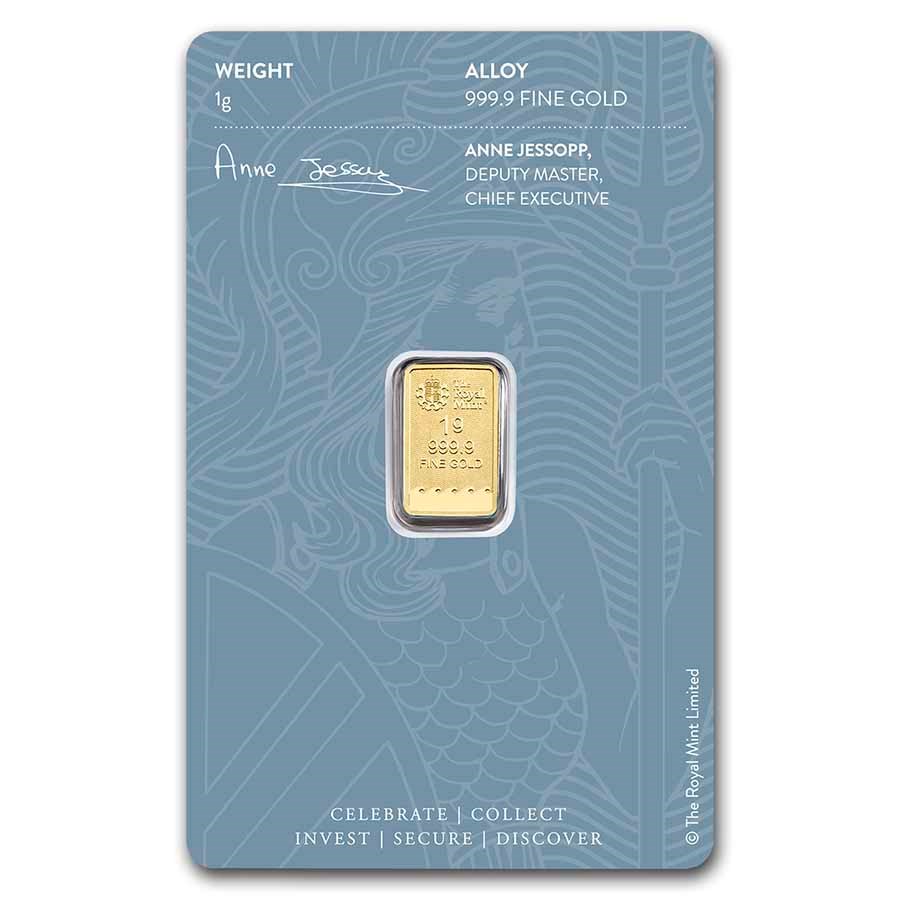 Royal Mint Britannia 1 gram Gold Bar (In Assay) reverse displaying The Royal Mint’s logo, weight, and purity
