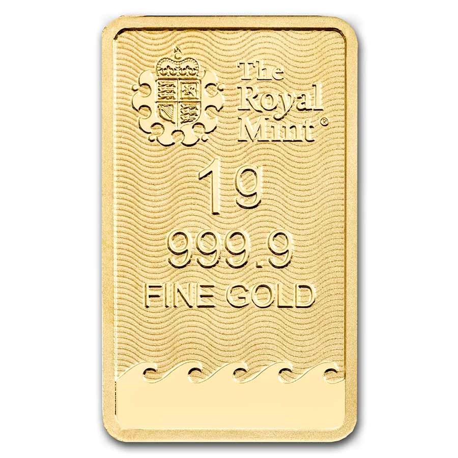 Royal Mint Britannia 1 gram Gold Bar reverse displaying The Royal Mint’s logo, weight, and purity