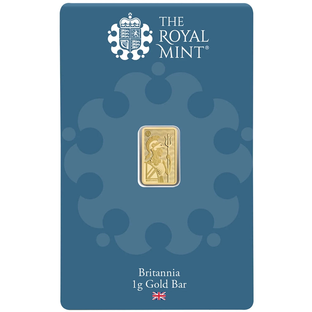 Royal Mint Britannia 1 gram Gold Bar (In Assay) featuring the iconic Britannia design, holding a trident and shield