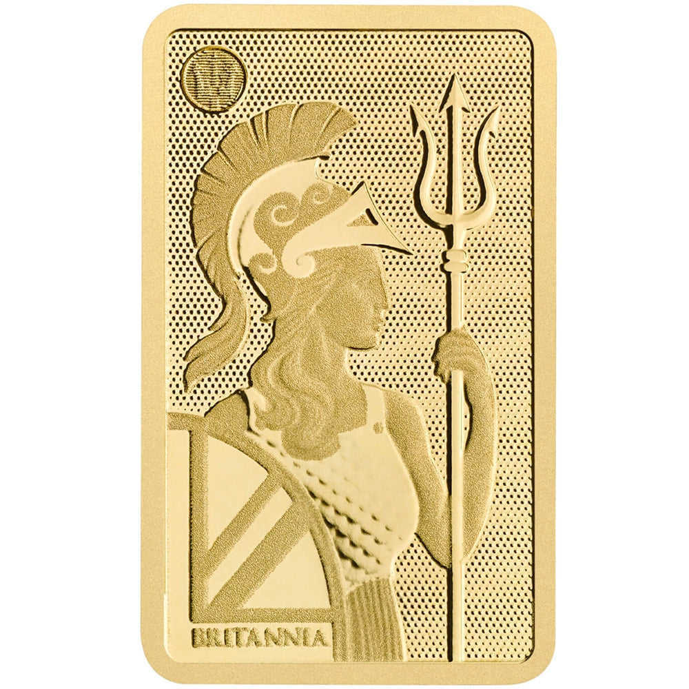 Royal Mint Britannia 1 gram Gold Bar featuring the iconic Britannia design, holding a trident and shield