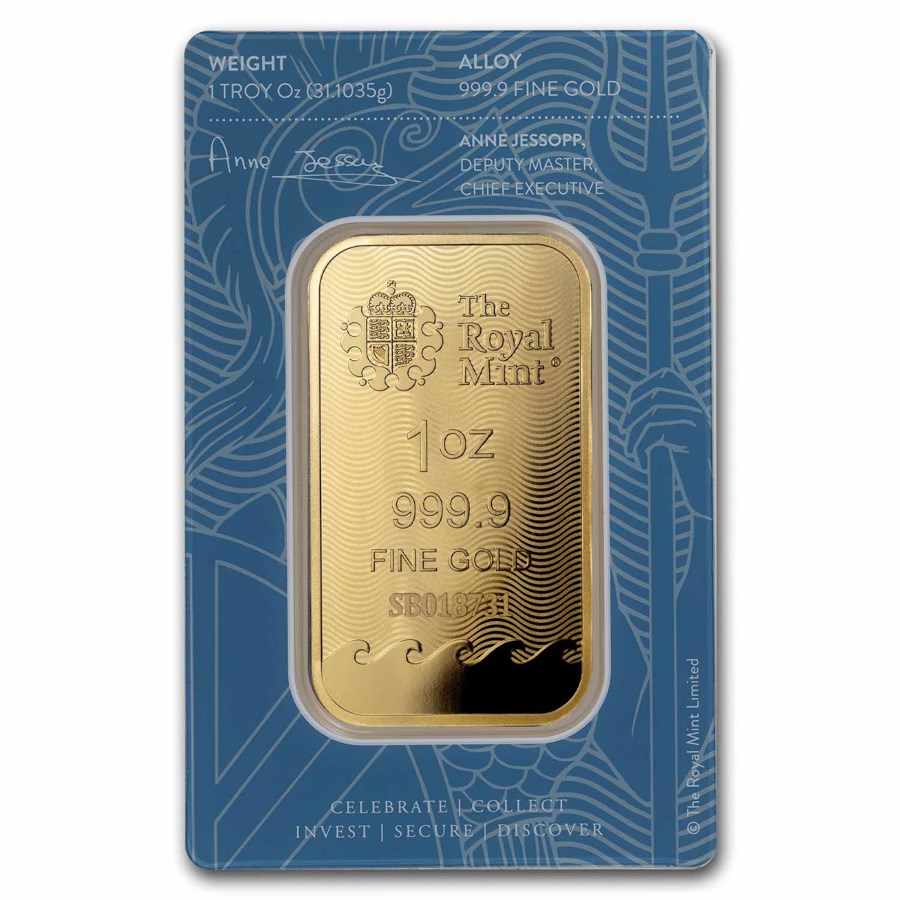 Royal Mint Britannia 1 oz Gold Bar (In Assay) reverse displaying The Royal Mint’s logo, weight, and purity