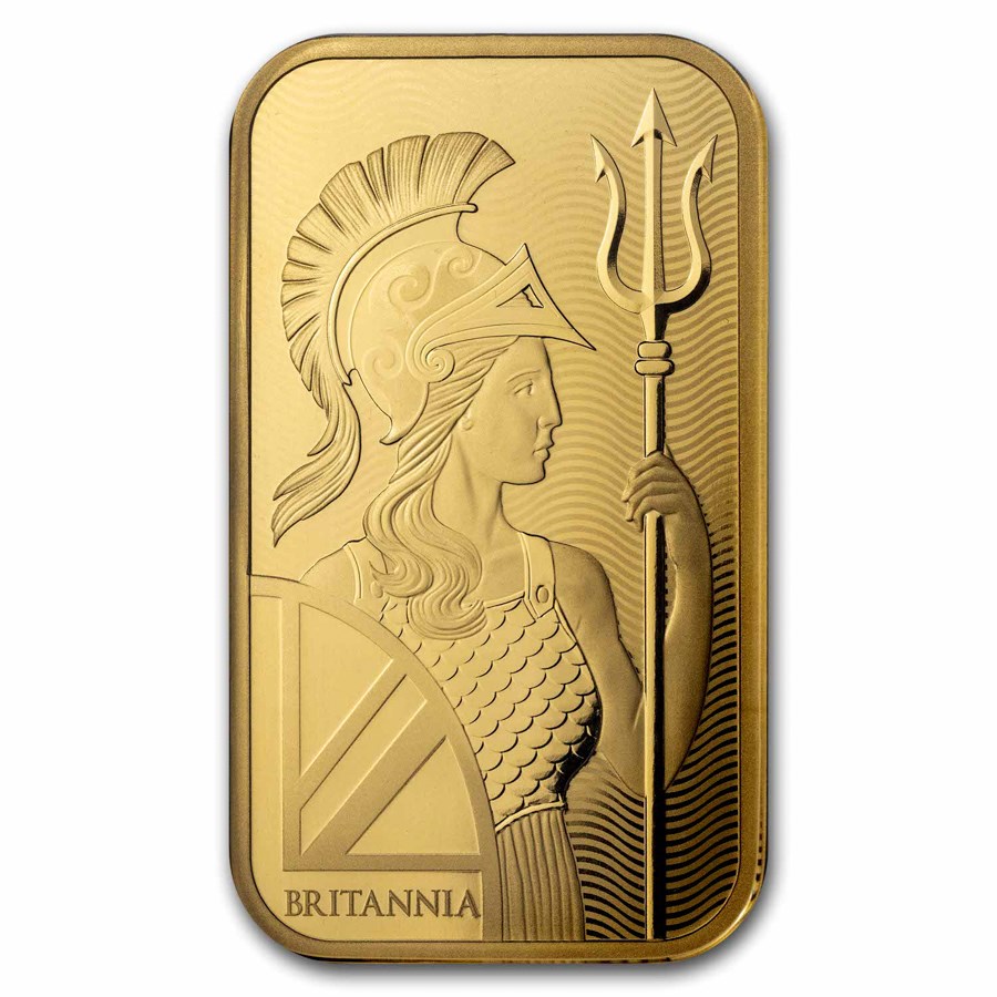 Royal Mint Britannia 1 oz Gold Bar featuring the iconic Britannia design, holding a trident and shield