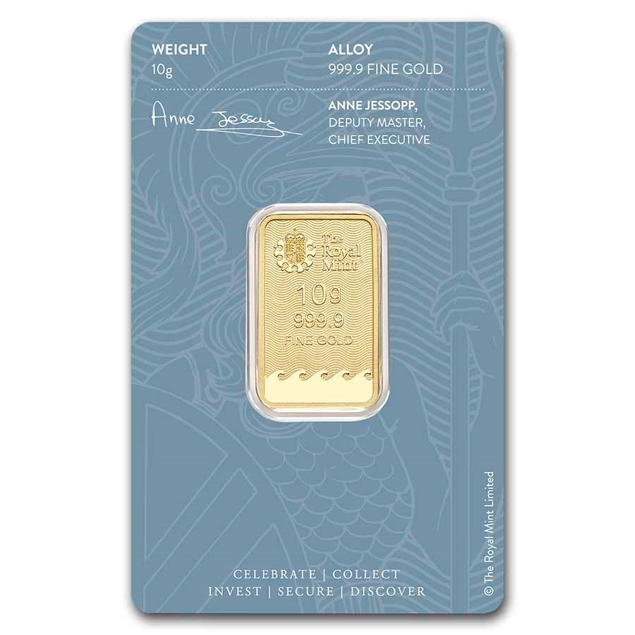 Royal Mint Britannia 10 gram Gold Bar (In Assay) reverse displaying The Royal Mint’s logo, weight, and purity