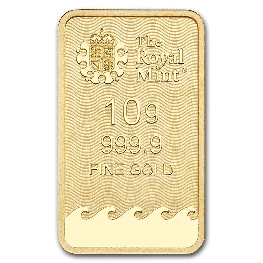 Royal Mint Britannia 10 gram Gold Bar reverse displaying The Royal Mint’s logo, weight, and purity
