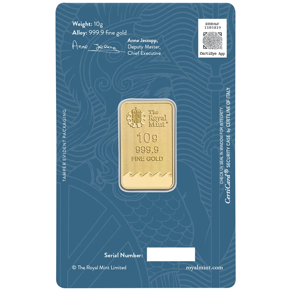 Royal Mint Britannia 10 gram Gold Bar (In Assay) obverse displaying The Royal Mint’s logo, weight, and purity
