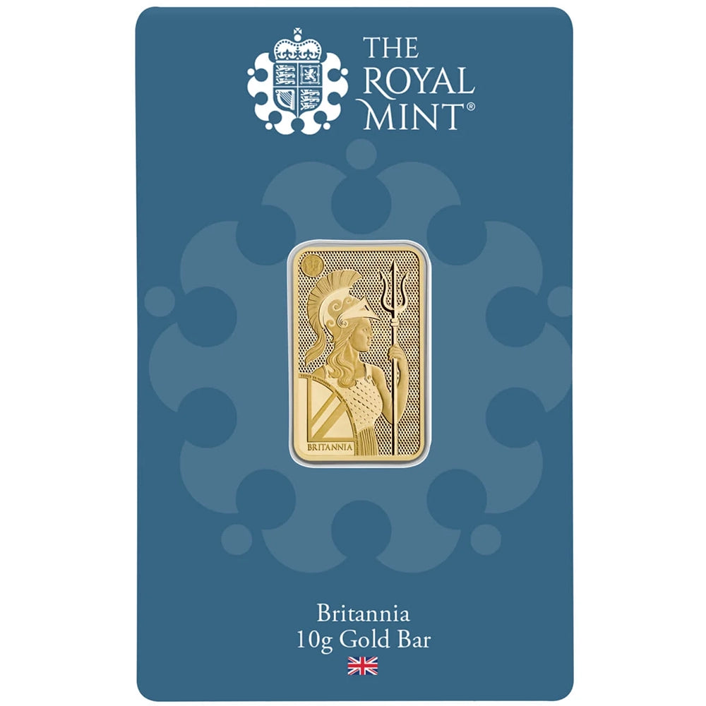Royal Mint Britannia 10 gram Gold Bar (In Assay) featuring the iconic Britannia design, holding a trident and shield