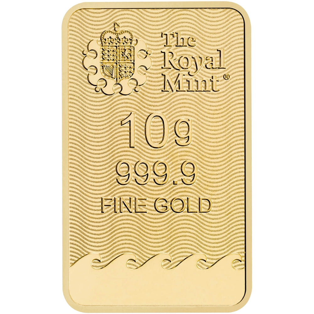 Royal Mint Britannia 10 gram Gold Bar obverse displaying The Royal Mint’s logo, weight, and purity