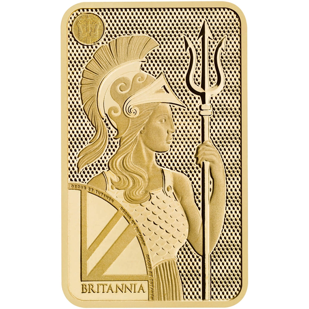 Royal Mint Britannia 10 gram Gold Bar featuring the iconic Britannia design, holding a trident and shield