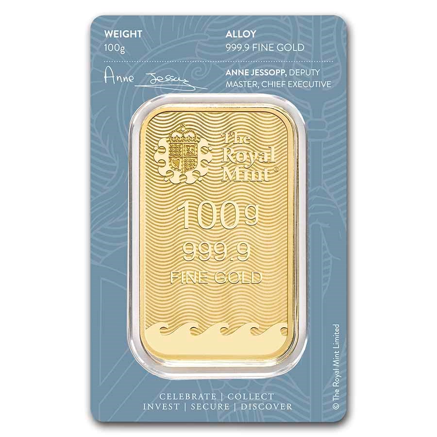 Royal Mint Britannia 100 gram Gold Bar (In Assay) reverse displaying The Royal Mint’s logo, weight, and purity