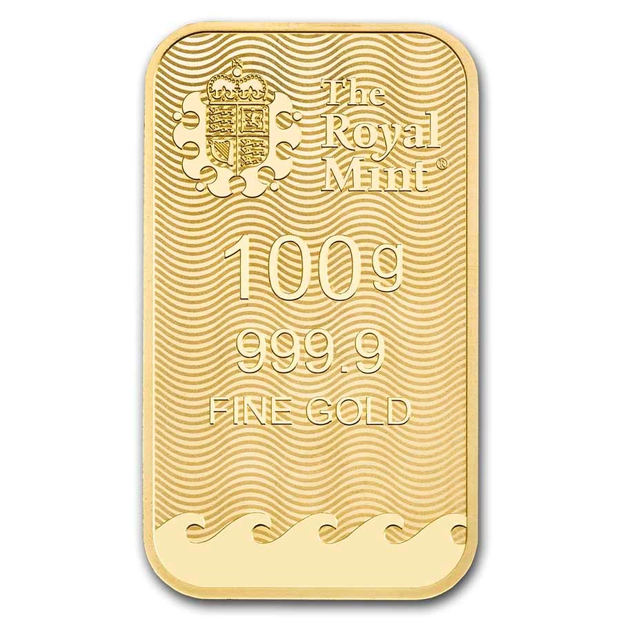 Royal Mint Britannia 100 gram Gold Bar reverse displaying The Royal Mint’s logo, weight, and purity