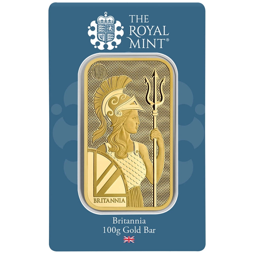 Royal Mint Britannia 100 gram Gold Bar (In Assay) featuring the iconic Britannia design, holding a trident and shield