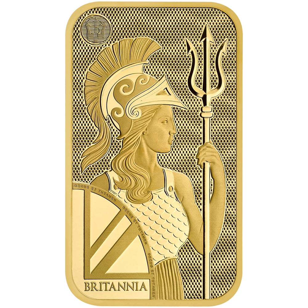 Royal Mint Britannia 100 gram Gold Bar featuring the iconic Britannia design, holding a trident and shield