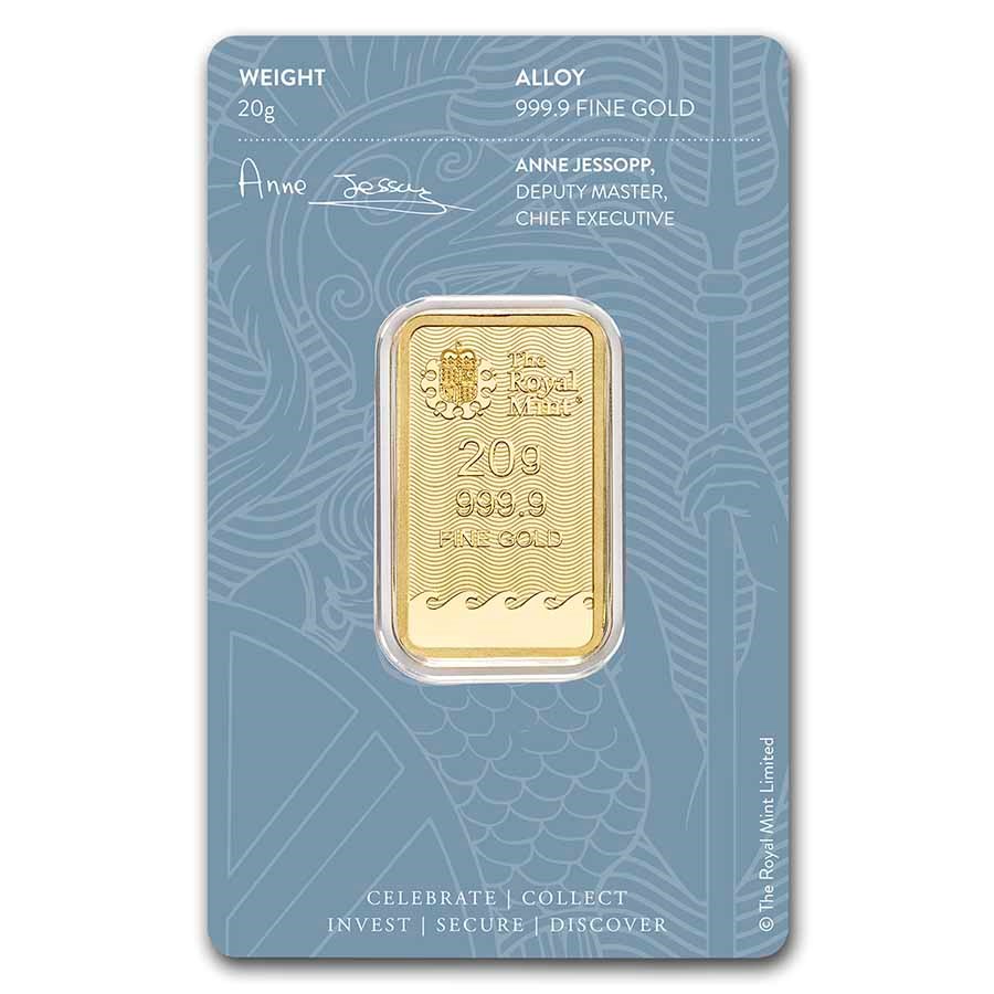 Royal Mint Britannia 20 gram Gold Bar (In Assay) reverse displaying The Royal Mint’s logo, weight, and purity