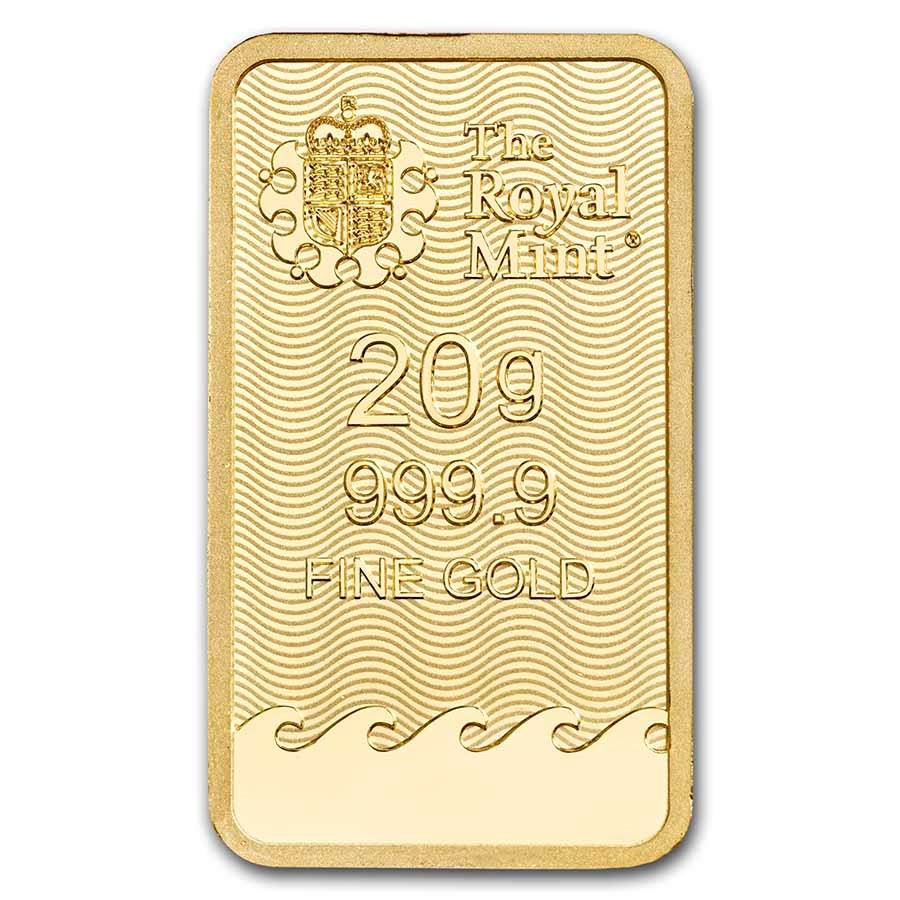 Royal Mint Britannia 20 gram Gold Bar reverse displaying The Royal Mint’s logo, weight, and purity