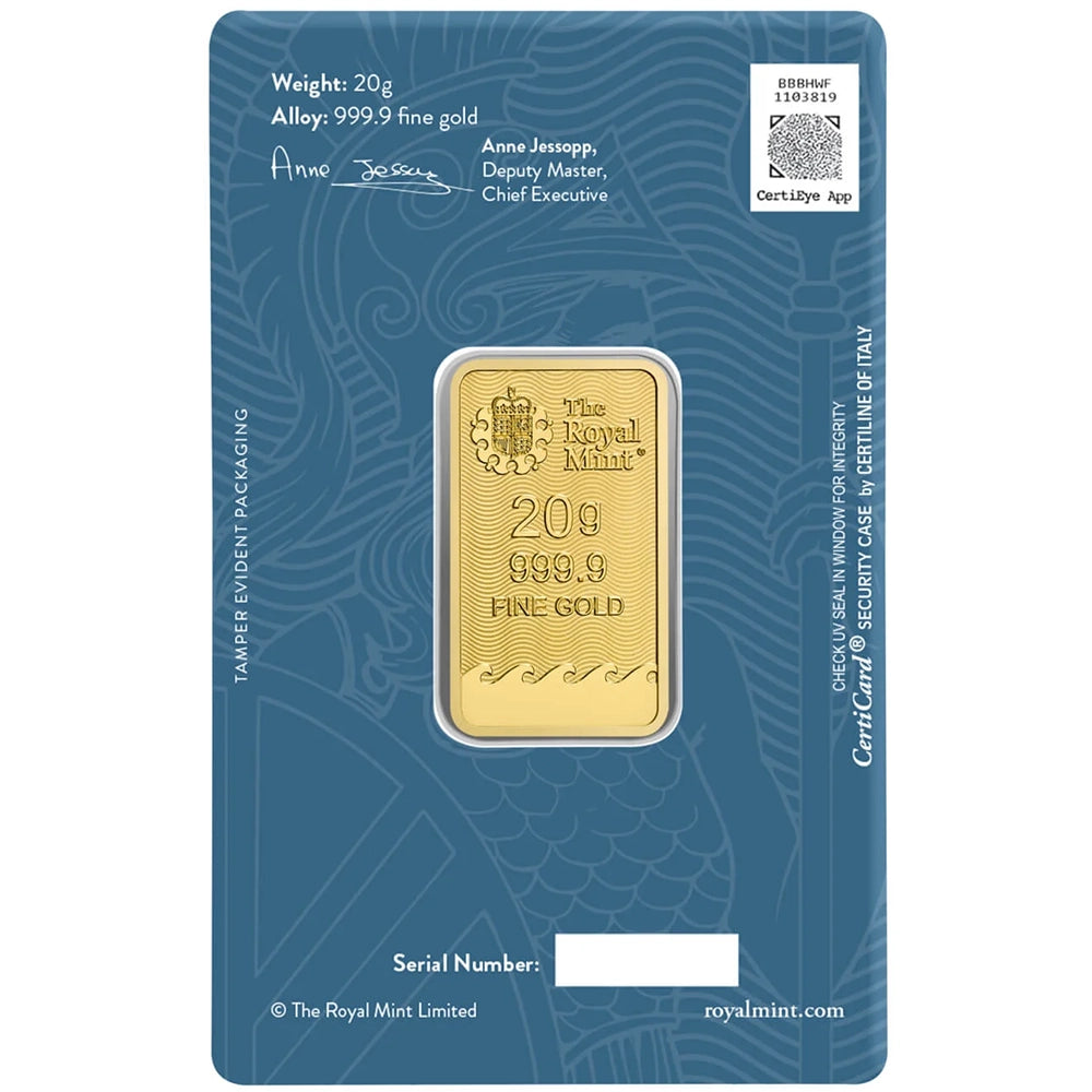 Royal Mint Britannia 20 gram Gold Bar (In Assay) obverse displaying The Royal Mint’s logo, weight, and purity