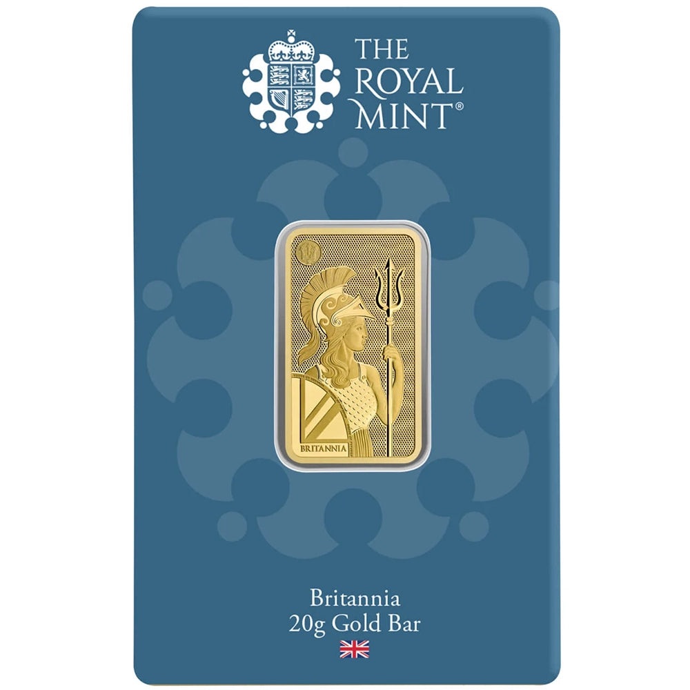 Royal Mint Britannia 20 gram Gold Bar (In Assay) featuring the iconic Britannia design, holding a trident and shield
