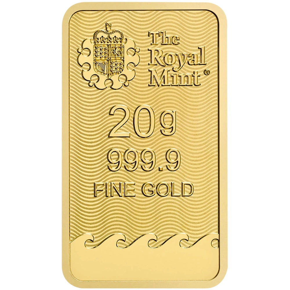 Royal Mint Britannia 20 gram Gold Bar obverse displaying The Royal Mint’s logo, weight, and purity