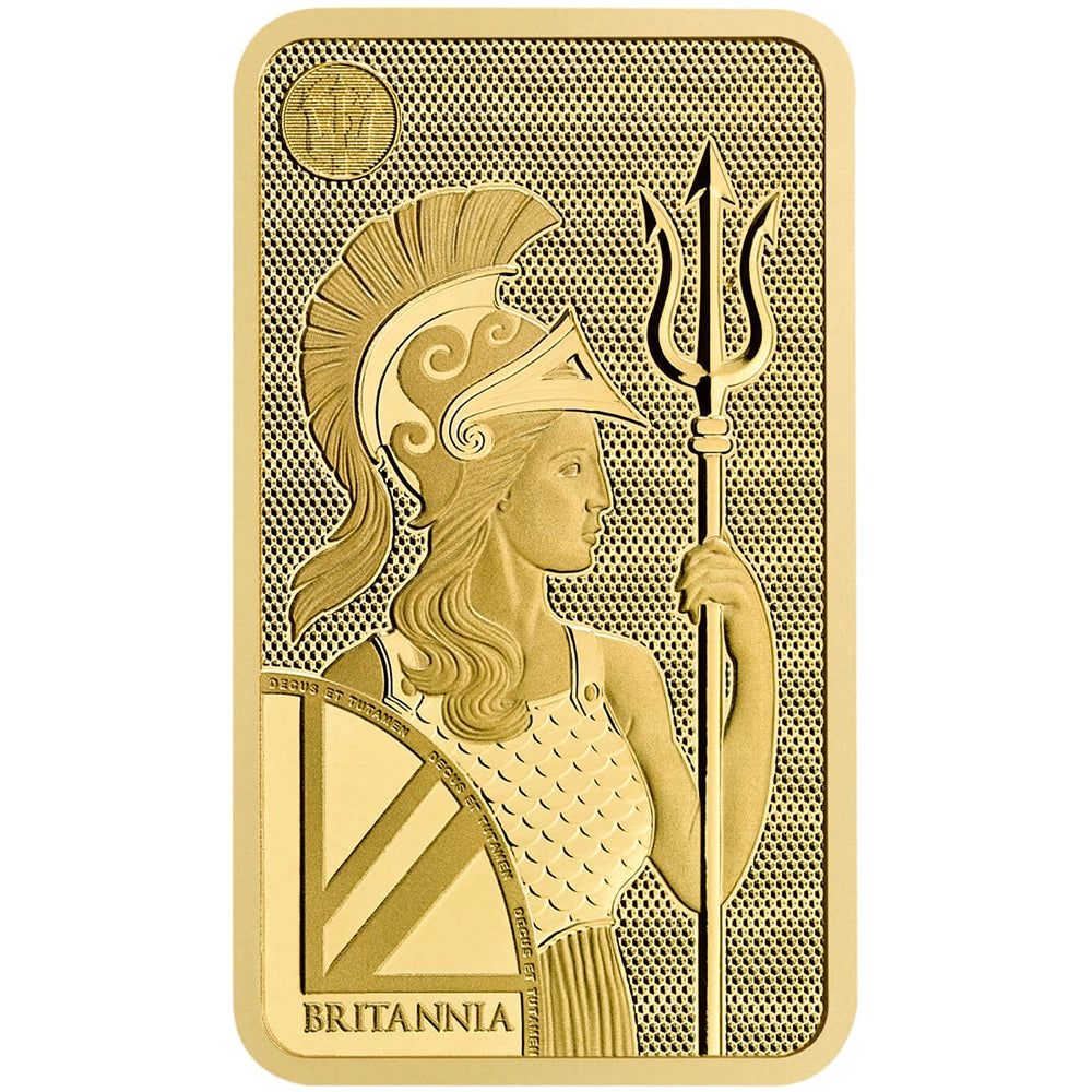 Royal Mint Britannia 20 gram Gold Bar featuring the iconic Britannia design, holding a trident and shield