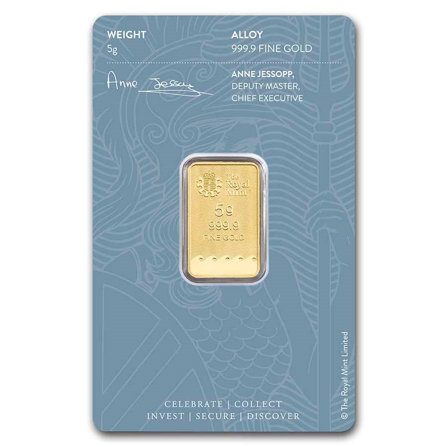 Royal Mint Britannia 5 gram Gold Bar (In Assay) reverse displaying The Royal Mint’s logo, weight, and purity