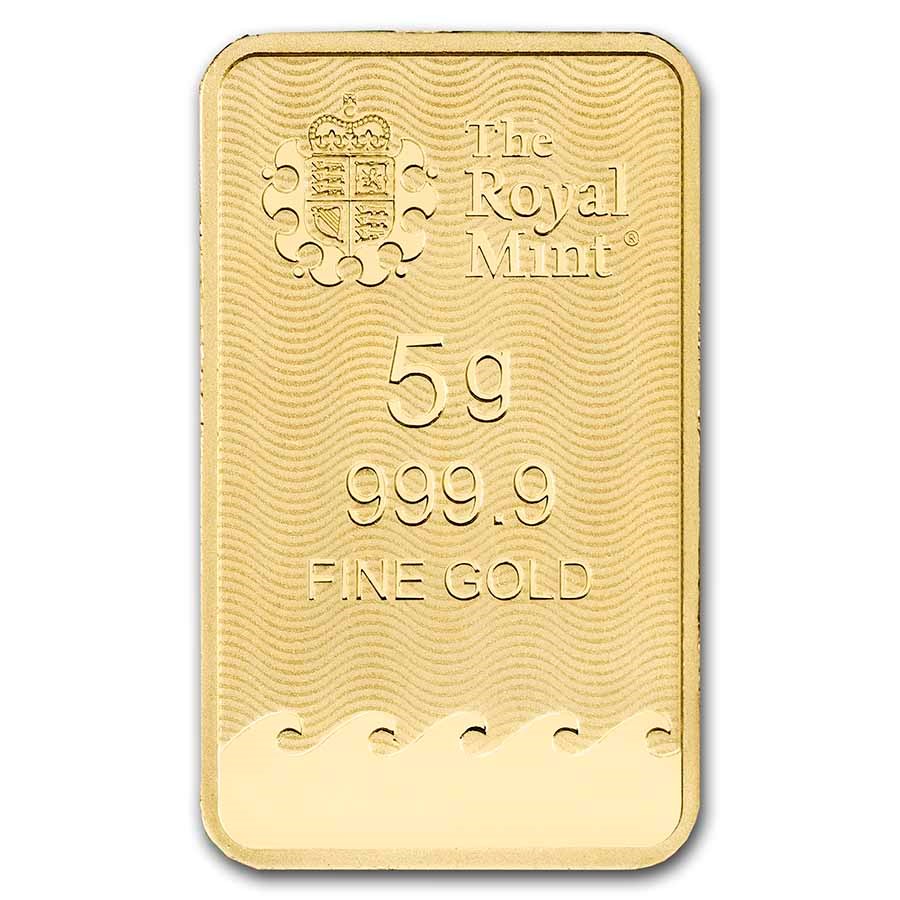 Royal Mint Britannia 5 gram Gold Bar reverse displaying The Royal Mint’s logo, weight, and purity