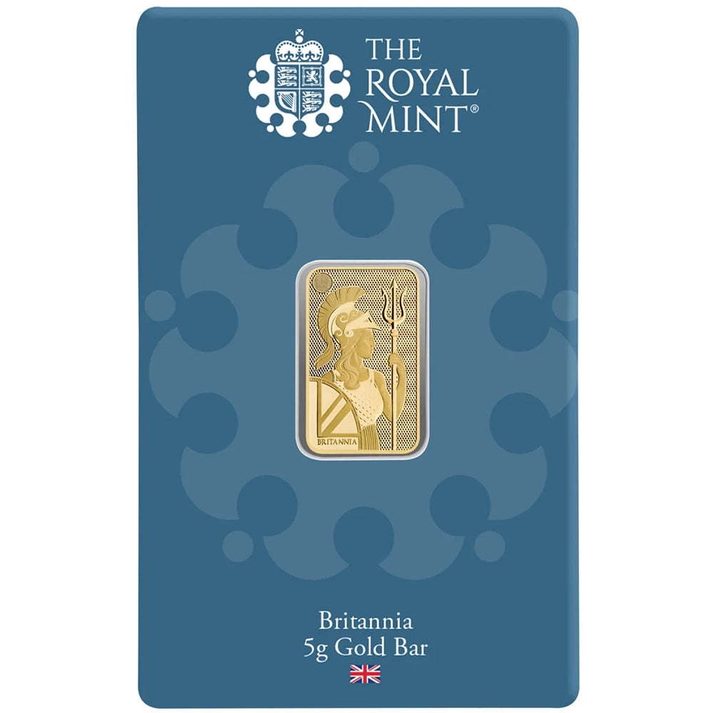 Royal Mint Britannia 5 gram Gold Bar (In Assay) featuring the iconic Britannia design, holding a trident and shield