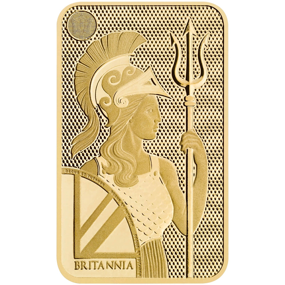 Royal Mint Britannia 5 gram Gold Bar featuring the iconic Britannia design, holding a trident and shield