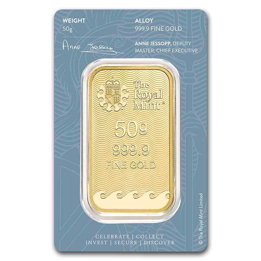 Royal Mint Britannia 50 gram Gold Bar (In Assay) reverse displaying The Royal Mint’s logo, weight, and purity