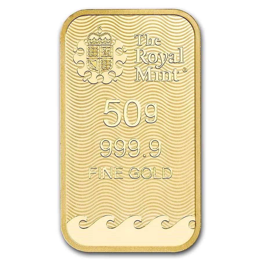 Royal Mint Britannia 50 gram Gold Bar reverse displaying The Royal Mint’s logo, weight, and purity