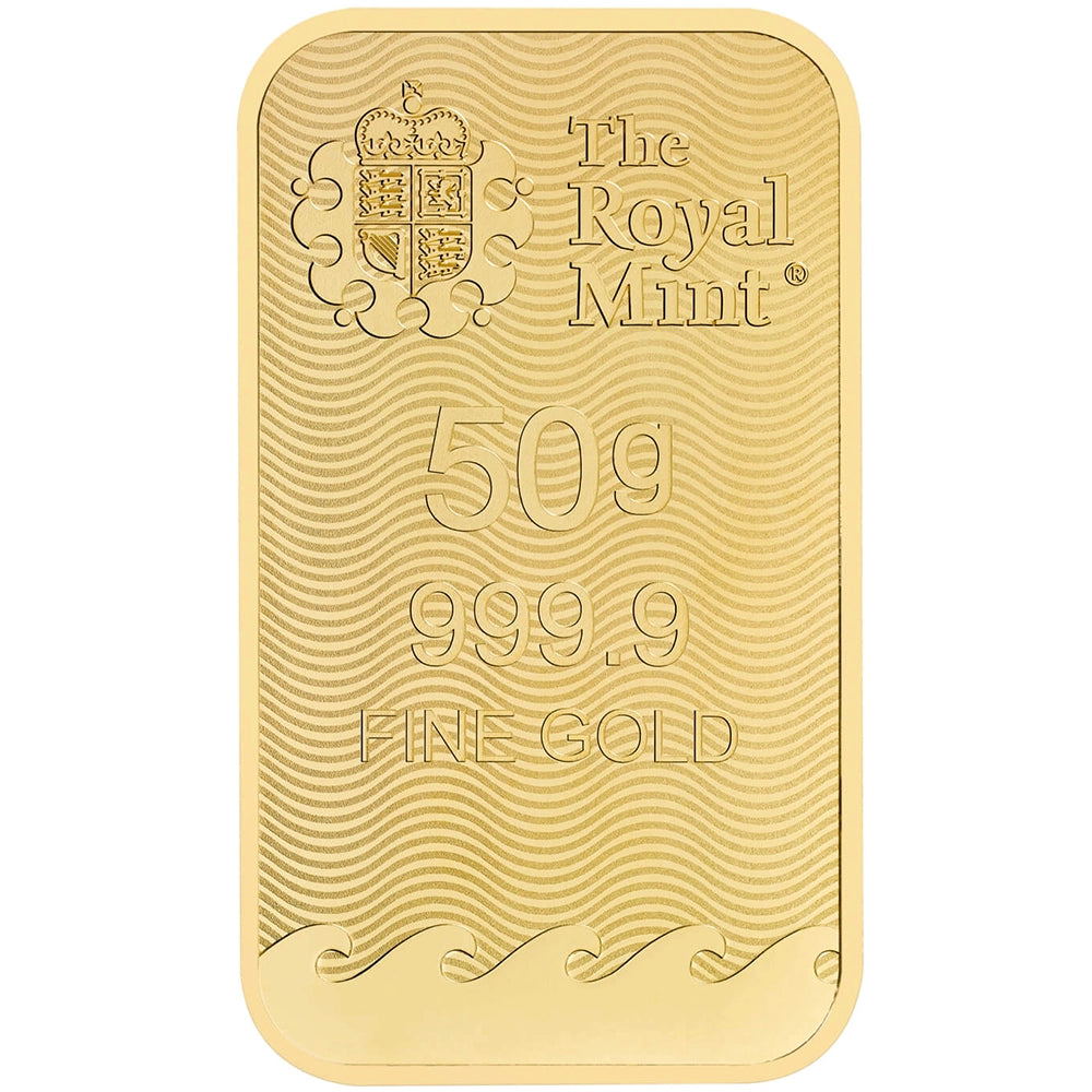 Royal Mint Britannia 50 gram Gold Bar obverse displaying The Royal Mint’s logo, weight, and purity