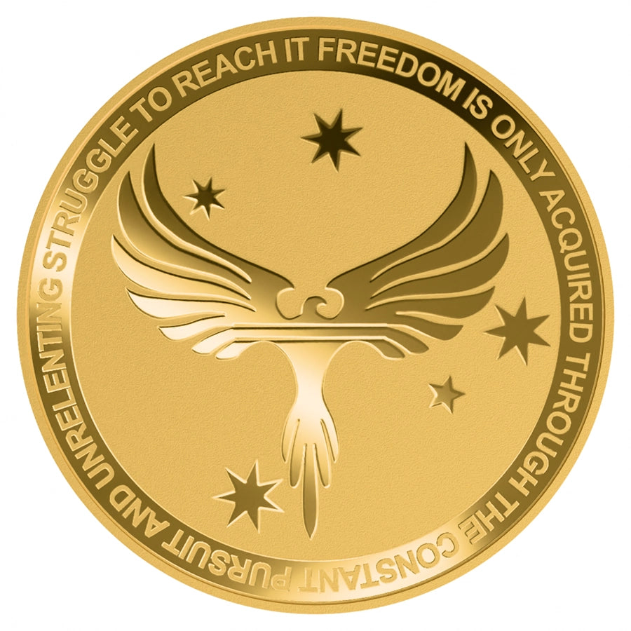 The Freedom 1 oz Gold Round reverse featuring the majestic Phoenix rising from the ashes, with the Southern Cross stars in the background