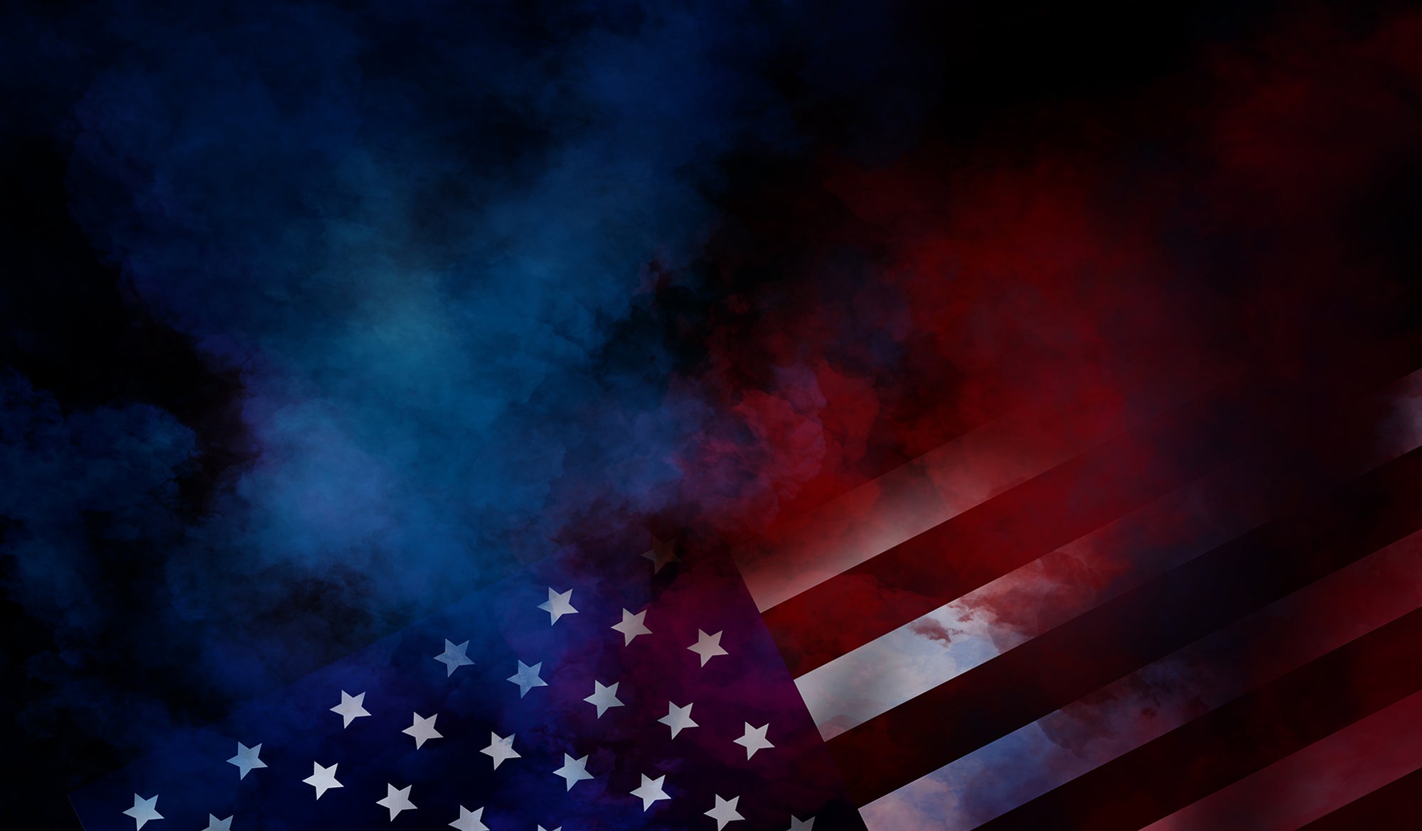 American flag with a dark, smoky background