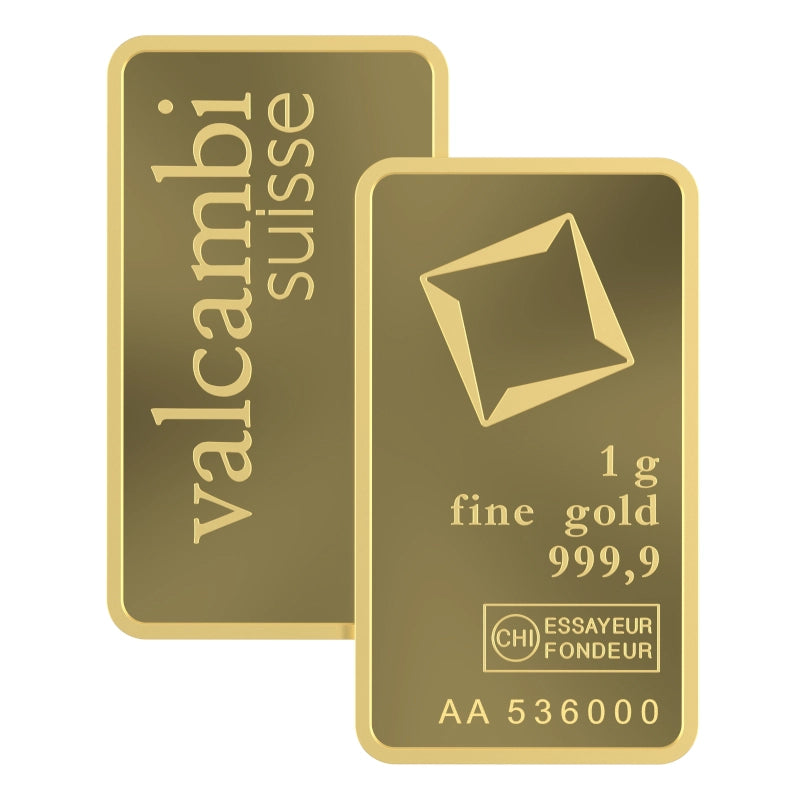 Valcambi Suisse 1 gram Gold Bar featuring Valcambi's rotating square logo and inscription