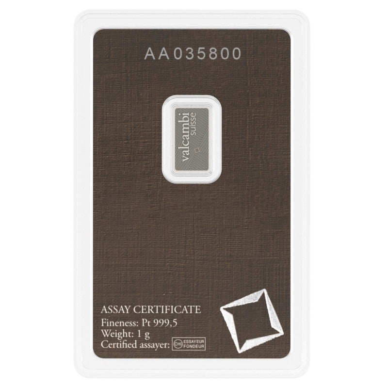 Valcambi Suisse 1 gram Platinum Bar (In Assay) reverse with 'Valcambi Suisse' inscription