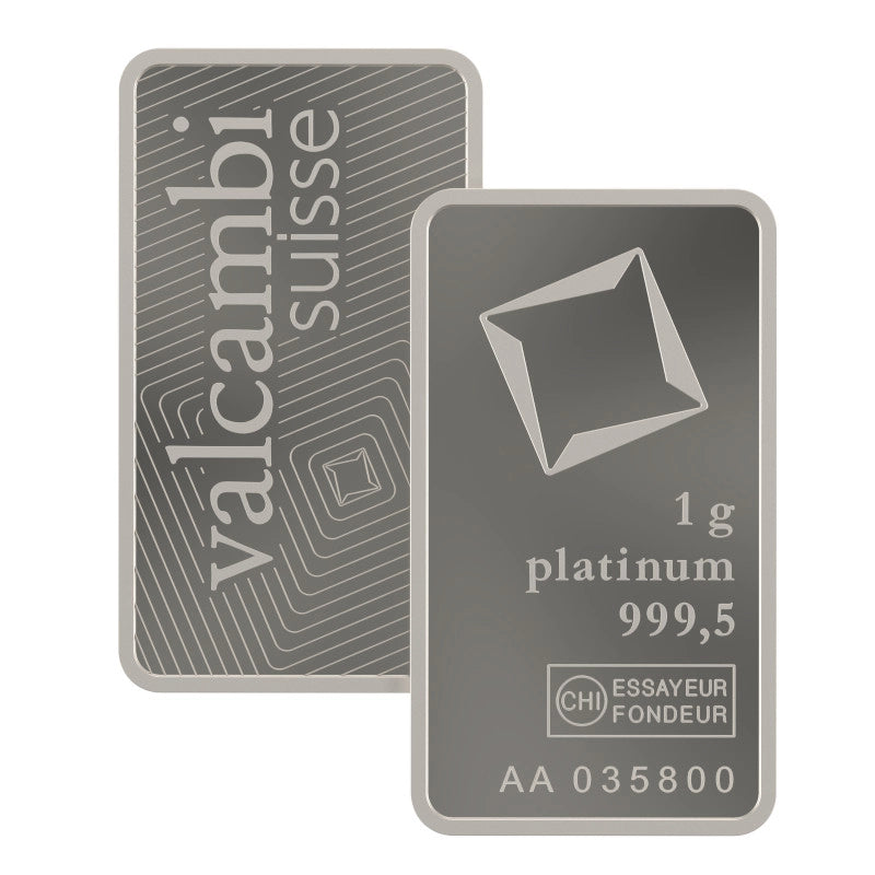 Valcambi Suisse 1 gram Platinum Bar featuring Valcambi's rotating square logo and inscription