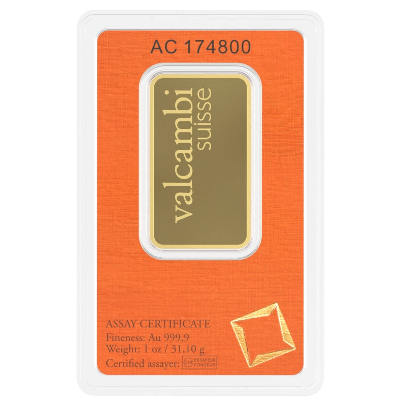 Valcambi Suisse 1 oz Gold Bar (In Assay) reverse with 'Valcambi Suisse' inscription