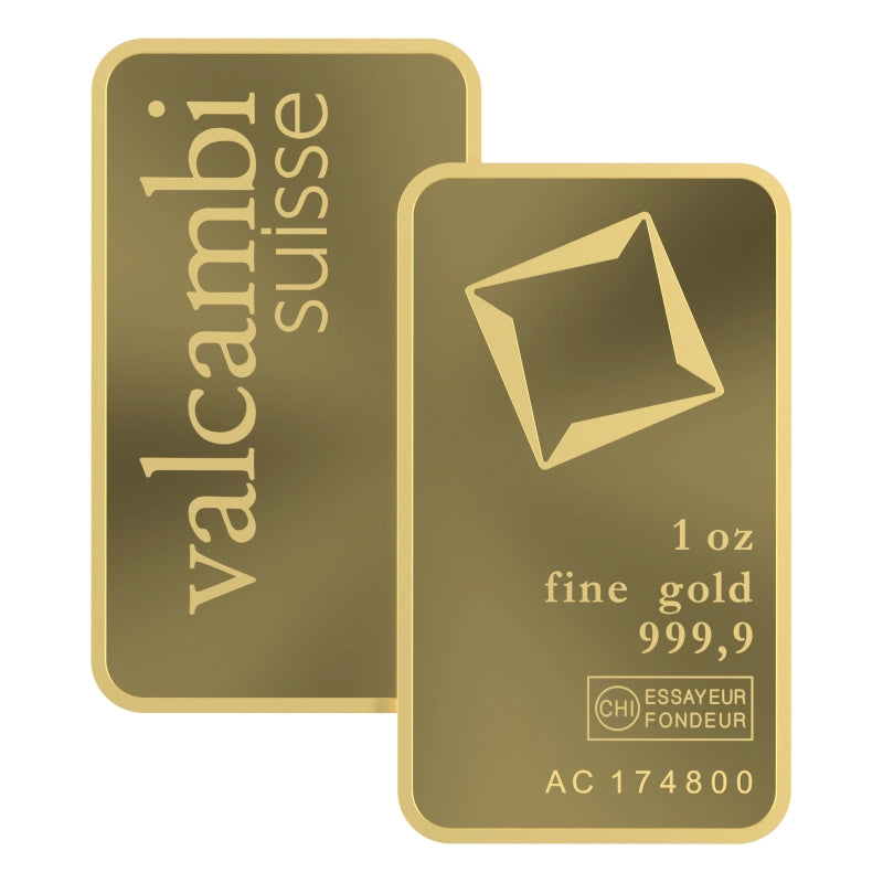 Valcambi Suisse 1 oz Gold Bar featuring Valcambi's rotating square logo and inscription