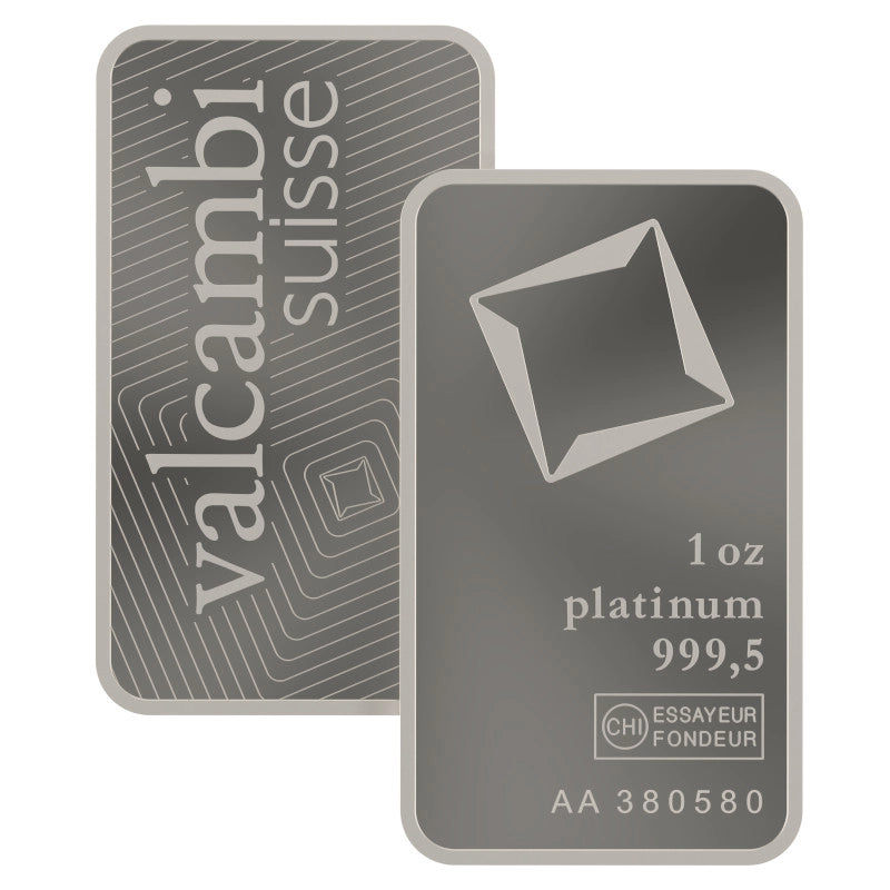Valcambi Suisse 1 oz Platinum Bar featuring Valcambi's rotating square logo and inscription