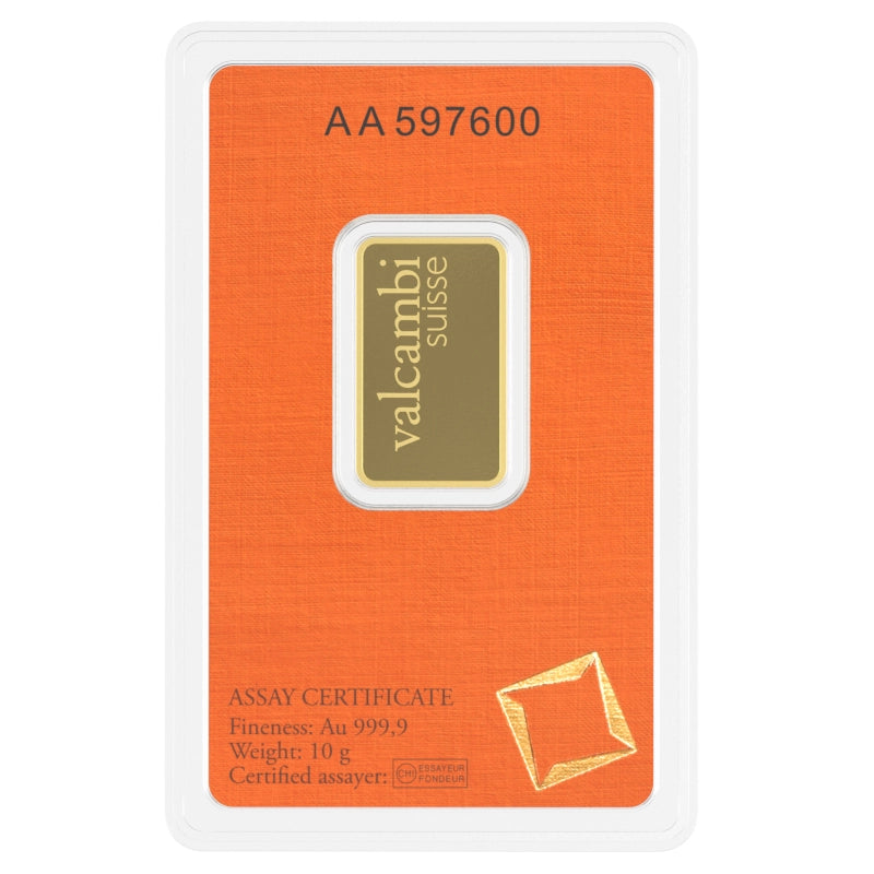 Valcambi Suisse 10 gram Gold Bar (In Assay) reverse with 'Valcambi Suisse' inscription