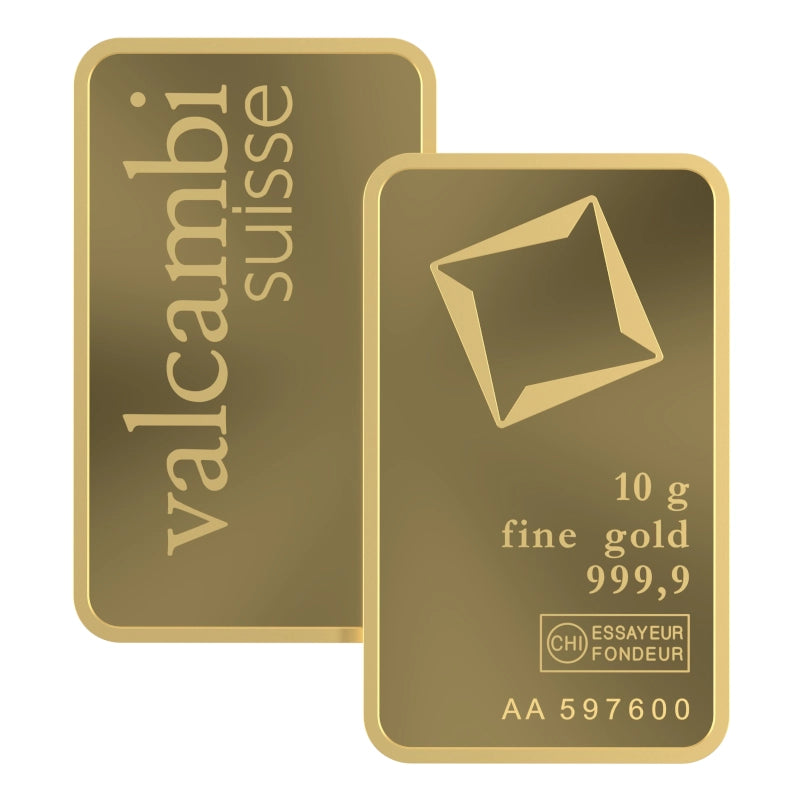 Valcambi Suisse 10 gram Gold Bar featuring Valcambi's rotating square logo and inscription