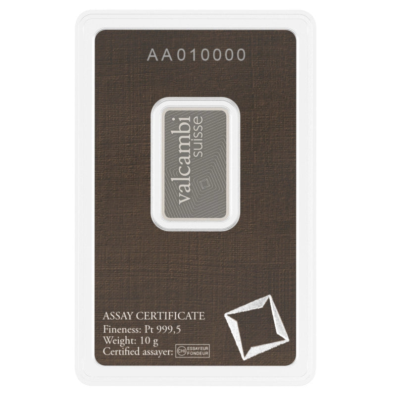 Valcambi Suisse 10 gram Platinum Bar (In Assay) reverse with 'Valcambi Suisse' inscription