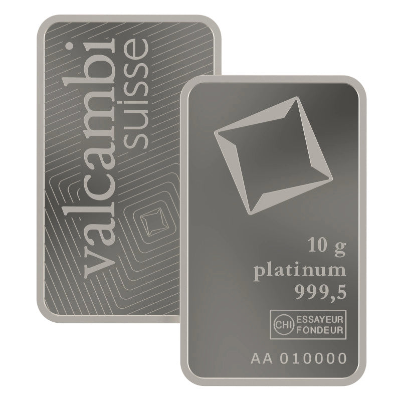 Valcambi Suisse 10 gram Platinum Bar featuring Valcambi's rotating square logo and inscription