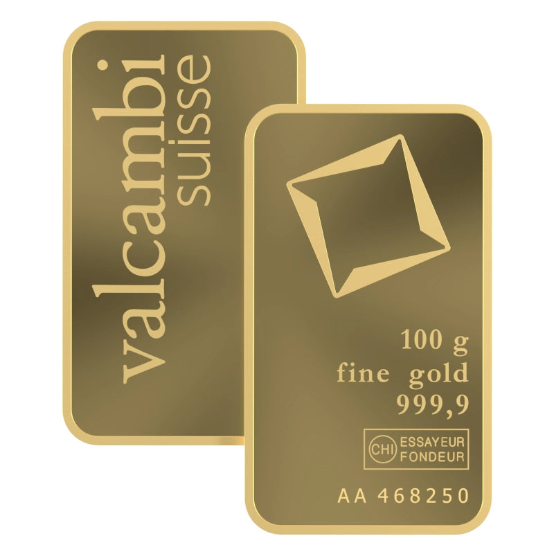Valcambi Suisse 100 gram Gold Bar featuring Valcambi's rotating square logo and inscription